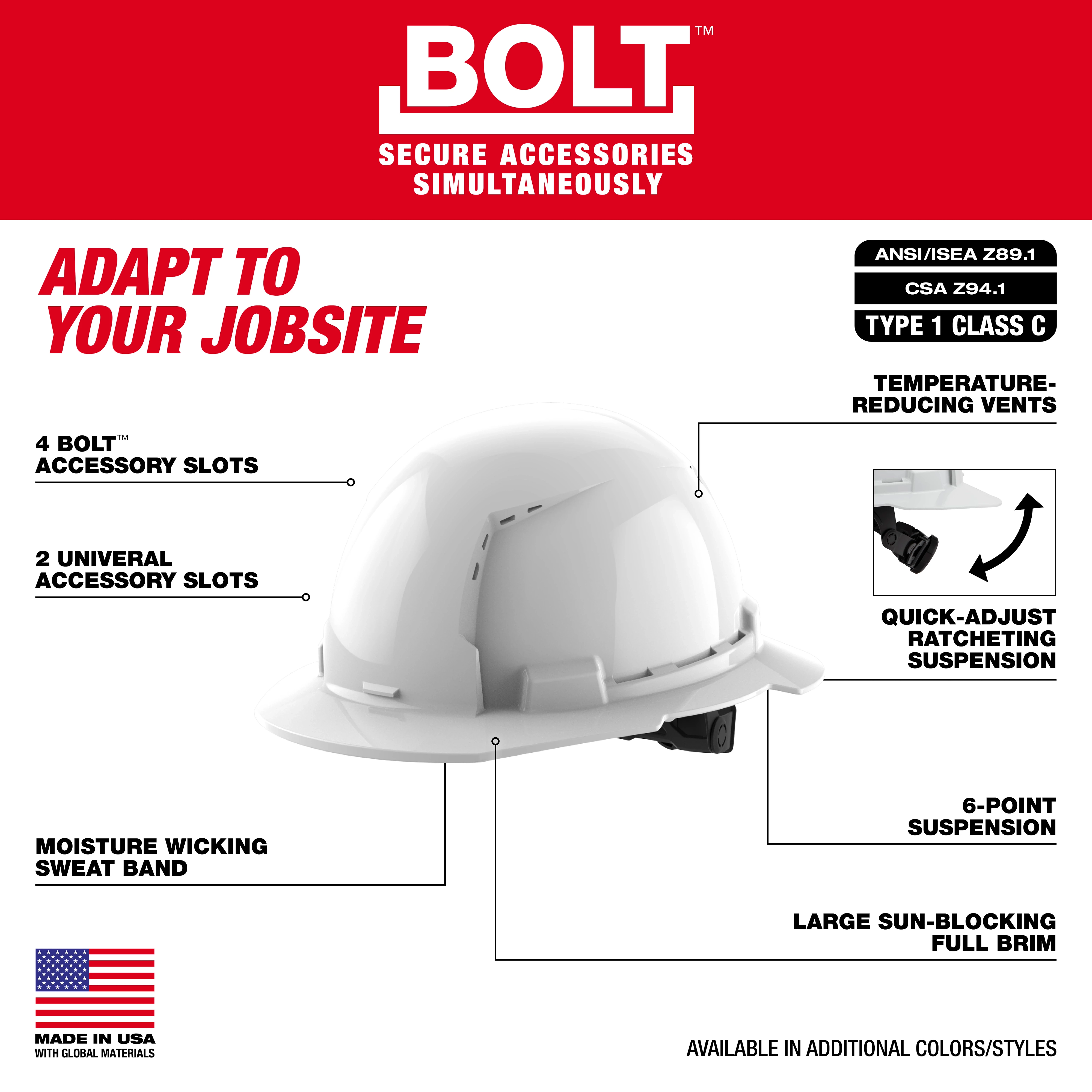 The image shows a BOLT™ White Full Brim Vented Hard Hat with 6pt Ratcheting Suspension (USA) - Type 1, Class C. It highlights features including four BOLT™ accessory slots, two universal accessory slots, temperature-reducing vents, quick-adjust ratcheting suspension, 6-point suspension, a large sun-blocking full brim, and a moisture-wicking sweatband. Text on the top reads, "Adapt to Your Jobsite," and the bottom left corner displays, "Made in USA with global materials."