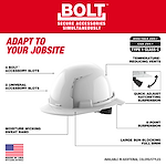 The image shows a BOLT™ White Full Brim Vented Hard Hat with 6pt Ratcheting Suspension (USA) - Type 1, Class C. It highlights features including four BOLT™ accessory slots, two universal accessory slots, temperature-reducing vents, quick-adjust ratcheting suspension, 6-point suspension, a large sun-blocking full brim, and a moisture-wicking sweatband. Text on the top reads, "Adapt to Your Jobsite," and the bottom left corner displays, "Made in USA with global materials."