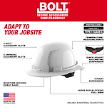 Image showing a BOLT™ White Full Brim Vented Hard Hat with 4-point Ratcheting Suspension (USA) - Type 1, Class C. Features include BOLT™ accessory slots, universal accessory slots, temperature-reducing vents, quick-adjust ratcheting suspension, 4-point suspension, moisture-wicking sweatband, and a large sun-blocking full brim. The text "ADAPT TO YOUR JOBSITE" and "Made in USA with global materials" are displayed, along with ANSI/ISEA Z89.1 CSA Z94.1 standards.