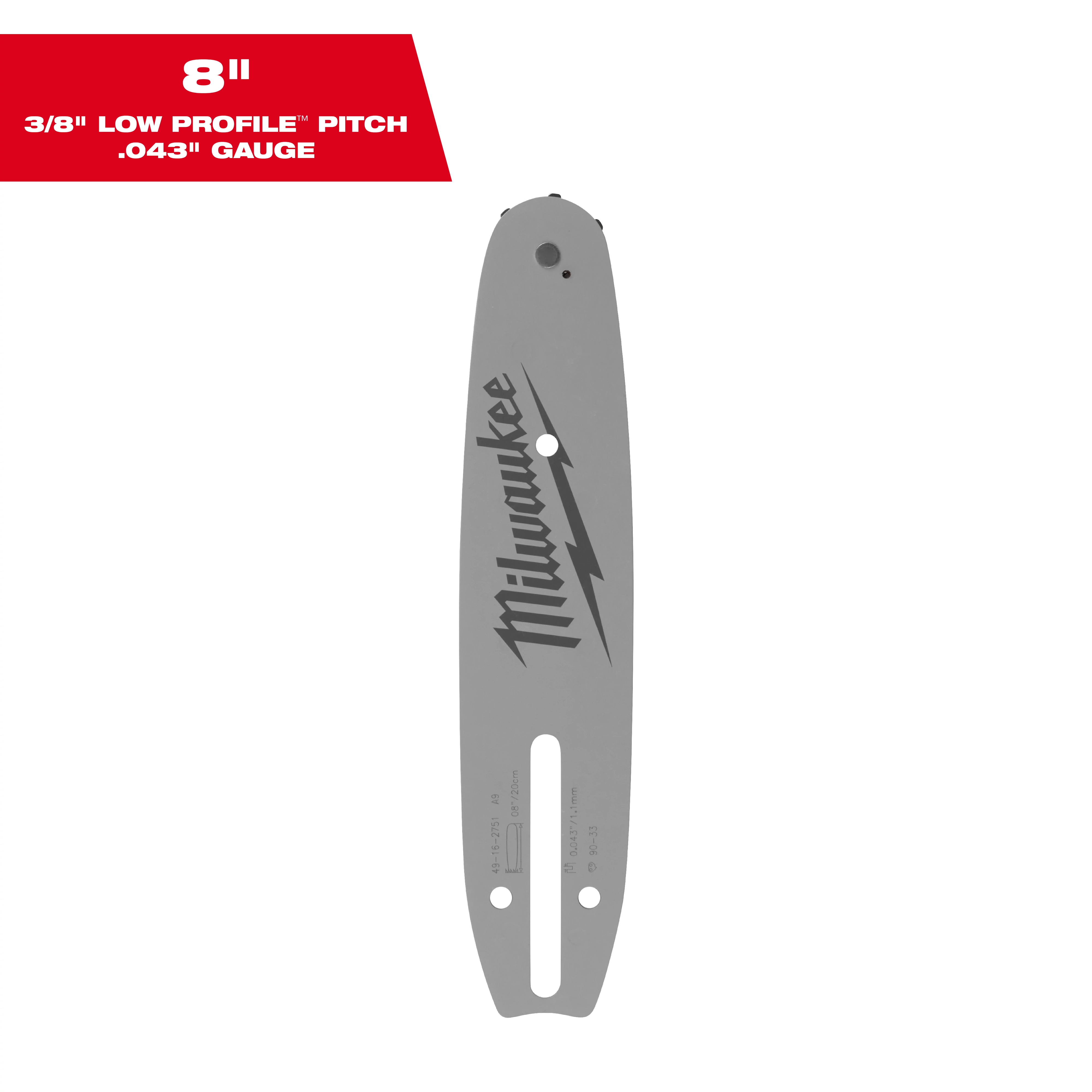 The image shows an 8-inch Milwaukee chainsaw guide bar. It is gray with a hole for the chain, and the Milwaukee name and logo are printed vertically in black. The text "8" 3/8" Low Profile Pitch .043" Gauge" is displayed in a red box in the top left corner.