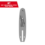 The image shows an 8-inch Milwaukee chainsaw guide bar. It is gray with a hole for the chain, and the Milwaukee name and logo are printed vertically in black. The text "8" 3/8" Low Profile Pitch .043" Gauge" is displayed in a red box in the top left corner.