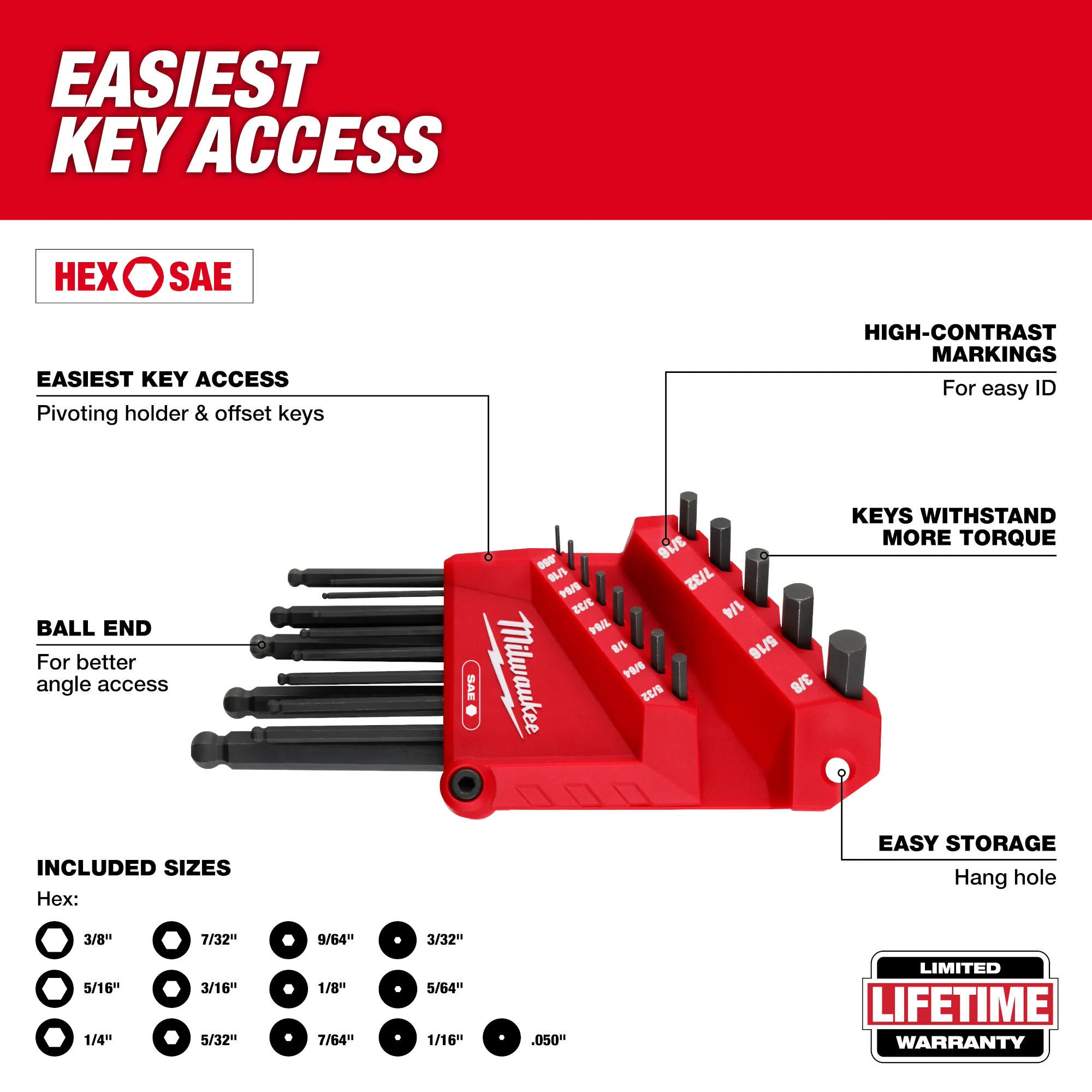 Walkaround image of the Milwaukee SAE 13-Key Ball End L-Key Set highlighting the USPs with the text "easiest key access"