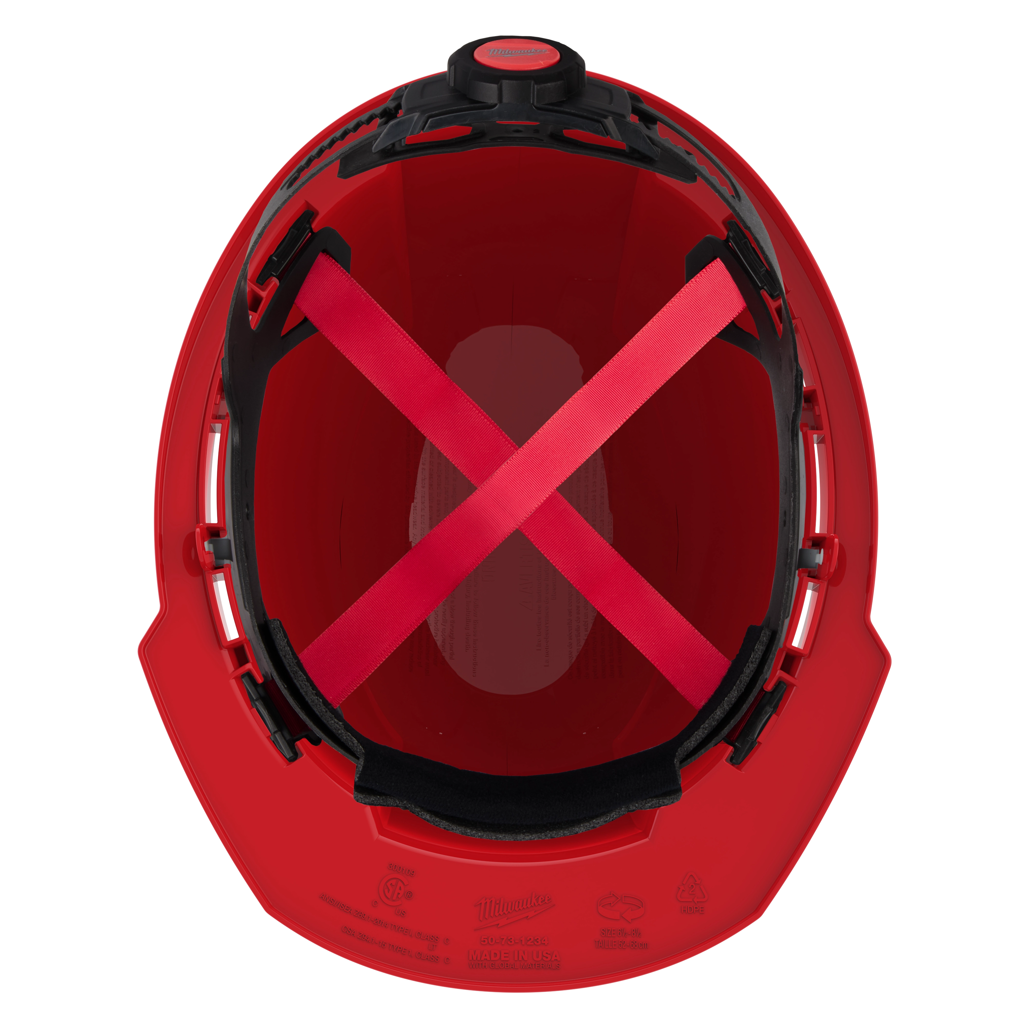 Interior view of a red hard hat with adjustable suspension system and black padding.