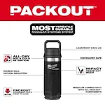 Walkaround image of the Milwaukee PACKOUT 18oz Insulated Bottle with Chug Lid in black highlighting its USPs