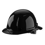 A glossy black hard hat with a wide brim and adjustable strap.