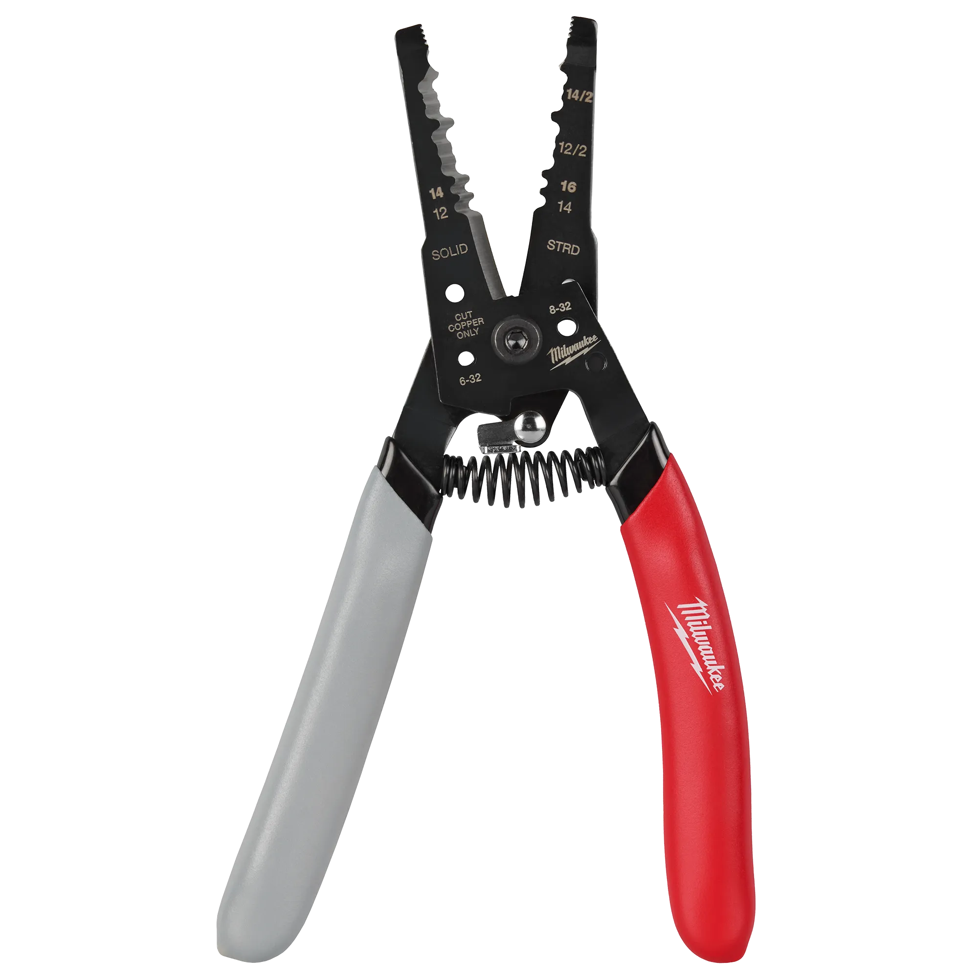 The 12-16 AWG NM Dipped Grip Wire Stripper & Cutter with the head open