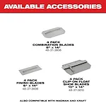 "Available Accessories: combination, finish, and clip-on float shoe blades packs with dimensions and part numbers, compatible with Wagman and Kraft."