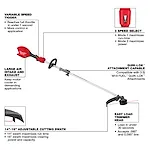 The image shows an M18 FUEL™ String Trimmer w/ QUIK-LOK™. Key features highlighted include a variable speed trigger reaching full throttle in under a second, a 3-speed select for varying power and run-time, QUIK-LOK™ attachment capability, a large air intake and exhaust for cooling, an easy load trimmer head, and an adjustable cutting swath from 14 to 16 inches.