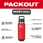 Walkaround image of the Milwaukee PACKOUT 36oz Insulated Bottle with Chug Lid in red highlighting its USPs