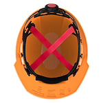 Top view of an orange safety helmet with black and red inner straps and a black cushion.