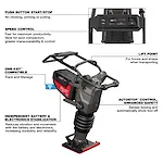 Image of the MX FUEL™ 70 kg Rammer with labeled features including push button start/stop, speed control, lift point, ONE-KEY™ compatibility, independent battery & electronics stabilization, and Autostop™ control for enhanced safety. The rammer is displayed with detailed callouts around it.