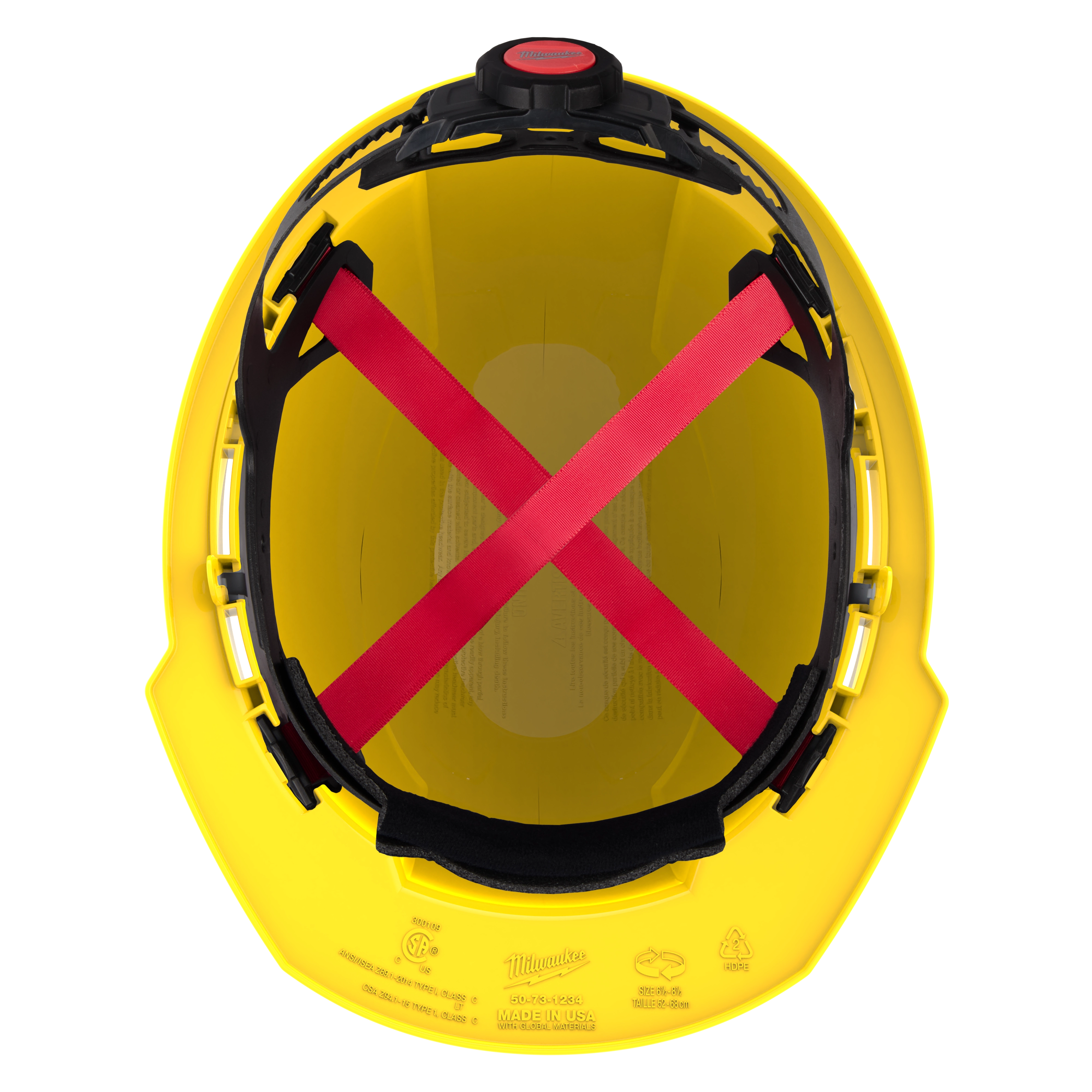 Top view of a yellow safety helmet with red cross-striped interior straps and padding.