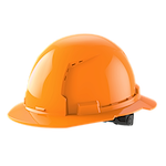 An orange construction hard hat with a brim and an adjustable headband.