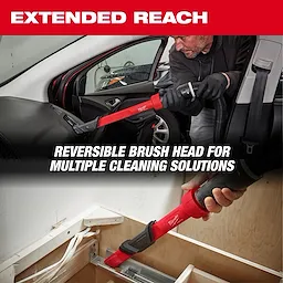 Image showing the AIR-TIP™ 3-in-1 Crevice and Brush Tool being used in two different cleaning scenarios: cleaning the interior of a car and cleaning under a cabinet. The text reads "Extended Reach" and "Reversible Brush Head for Multiple Cleaning Solutions."