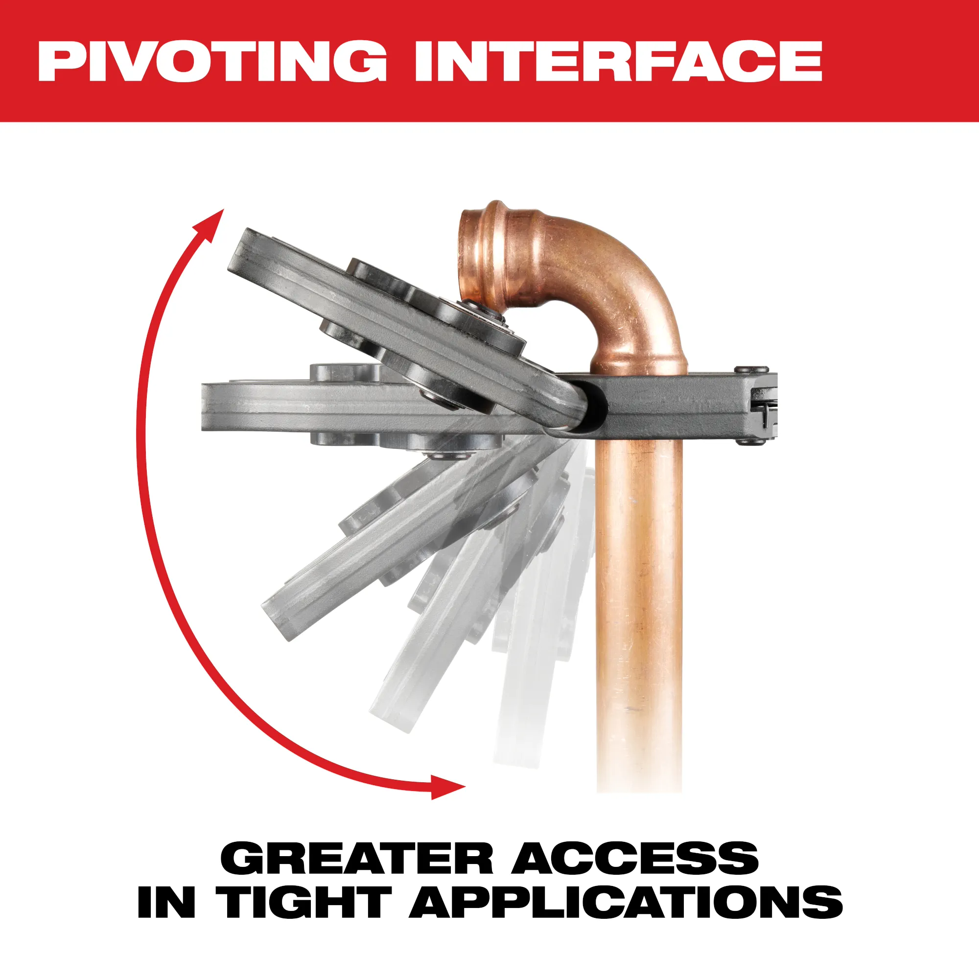 Image of the Milwaukee CTS-V Pivoting Press Ring Pivoting Interface with the text "Pivoting Interface. Greater Access in Tight Applications."