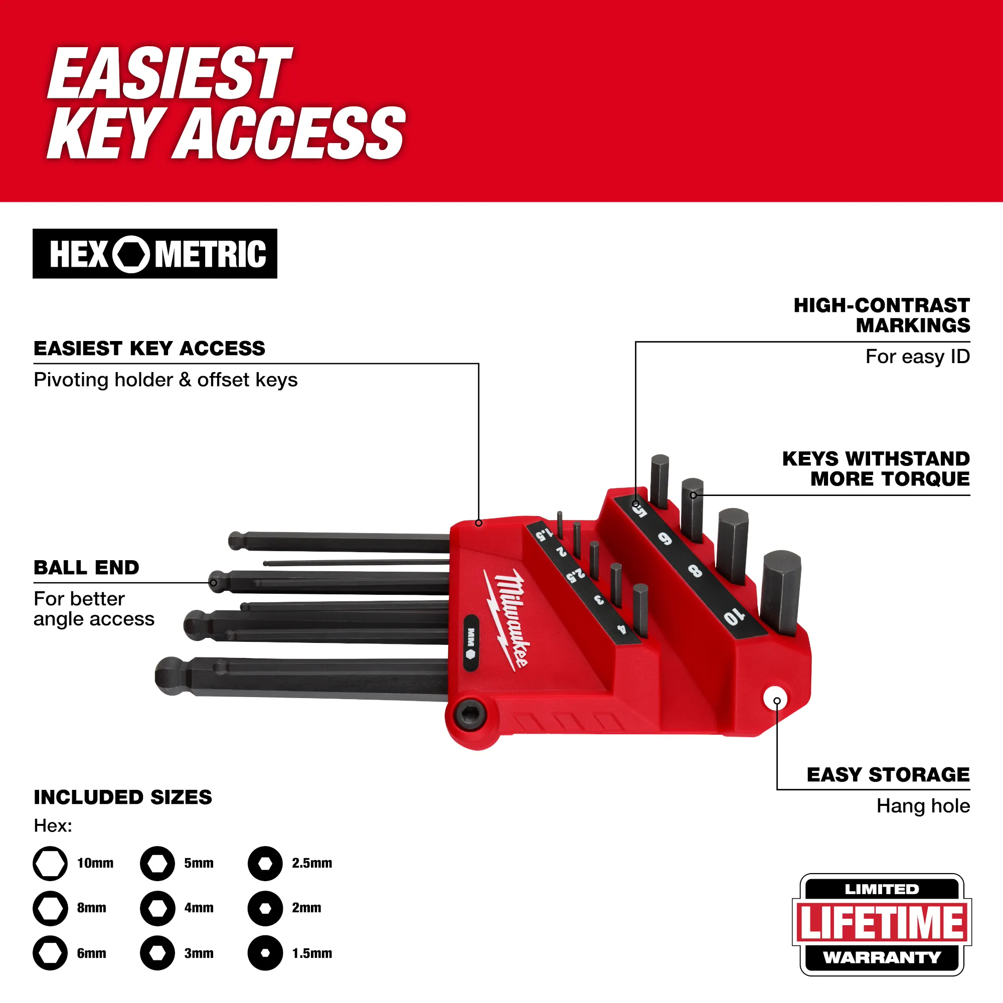 Walkaround image of the Milwaukee Metric 9-Key Ball End L-Key Set highlighting the USPs with the text "easiest key access"