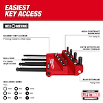 Walkaround image of the Milwaukee Metric 9-Key Ball End L-Key Set highlighting the USPs with the text "easiest key access"