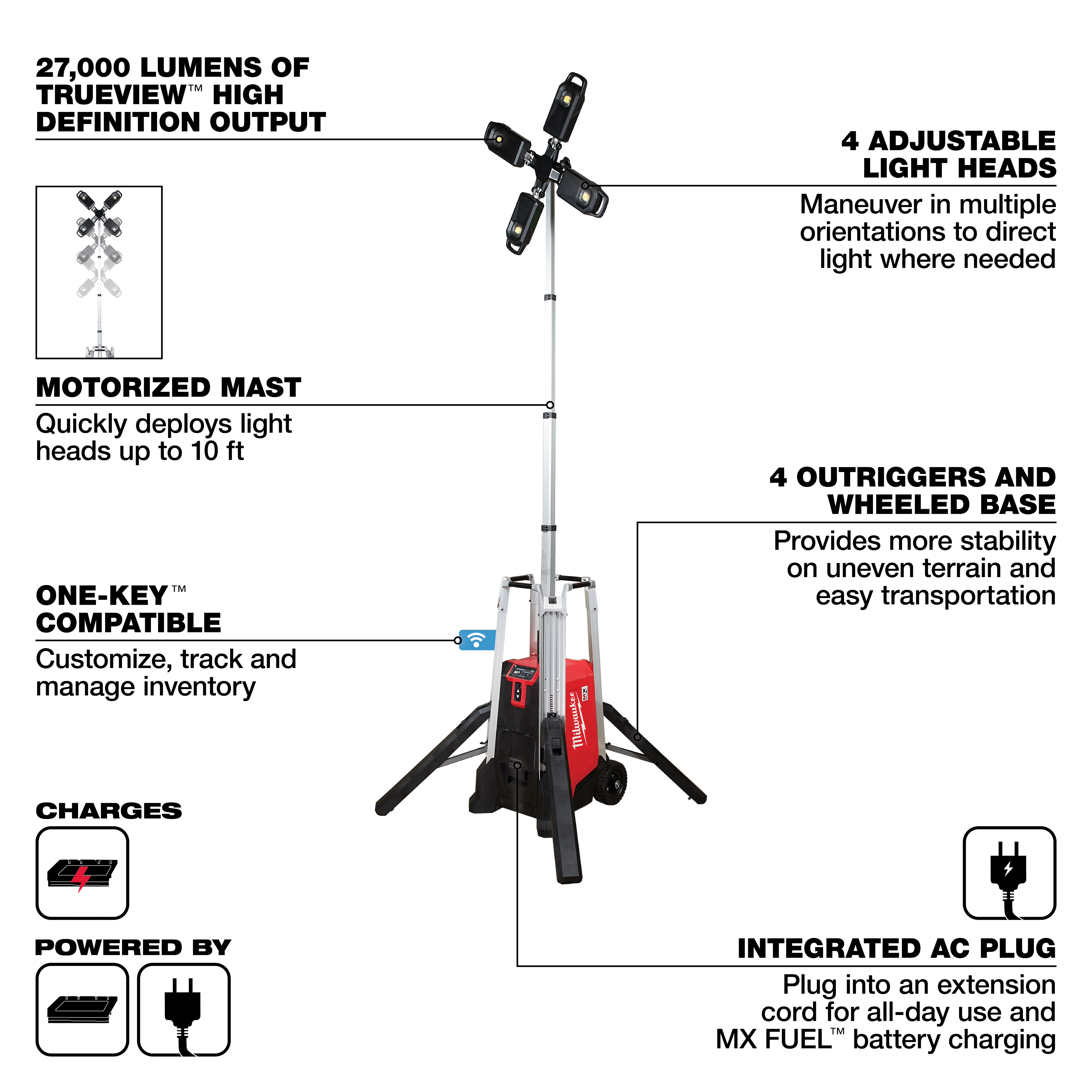 Portable light tower with motorized mast, adjustable light heads, outriggers, wheeled base, 27,000 lumens output, One-Key compatibility