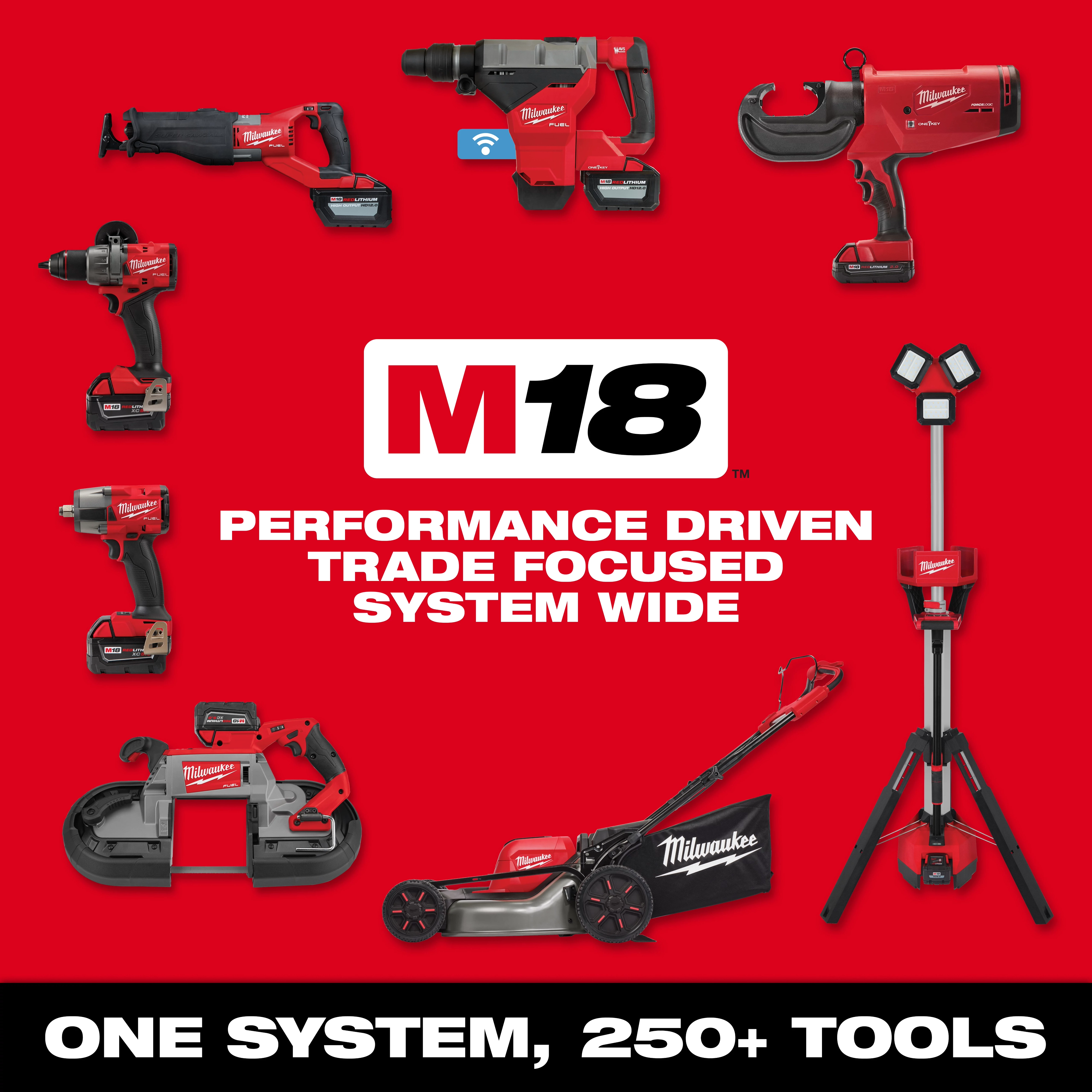 Image of the M18 system product line with M18 logo and the text "Performance Driven. Trade Focused. System Wide. One System, 250+ Tools."