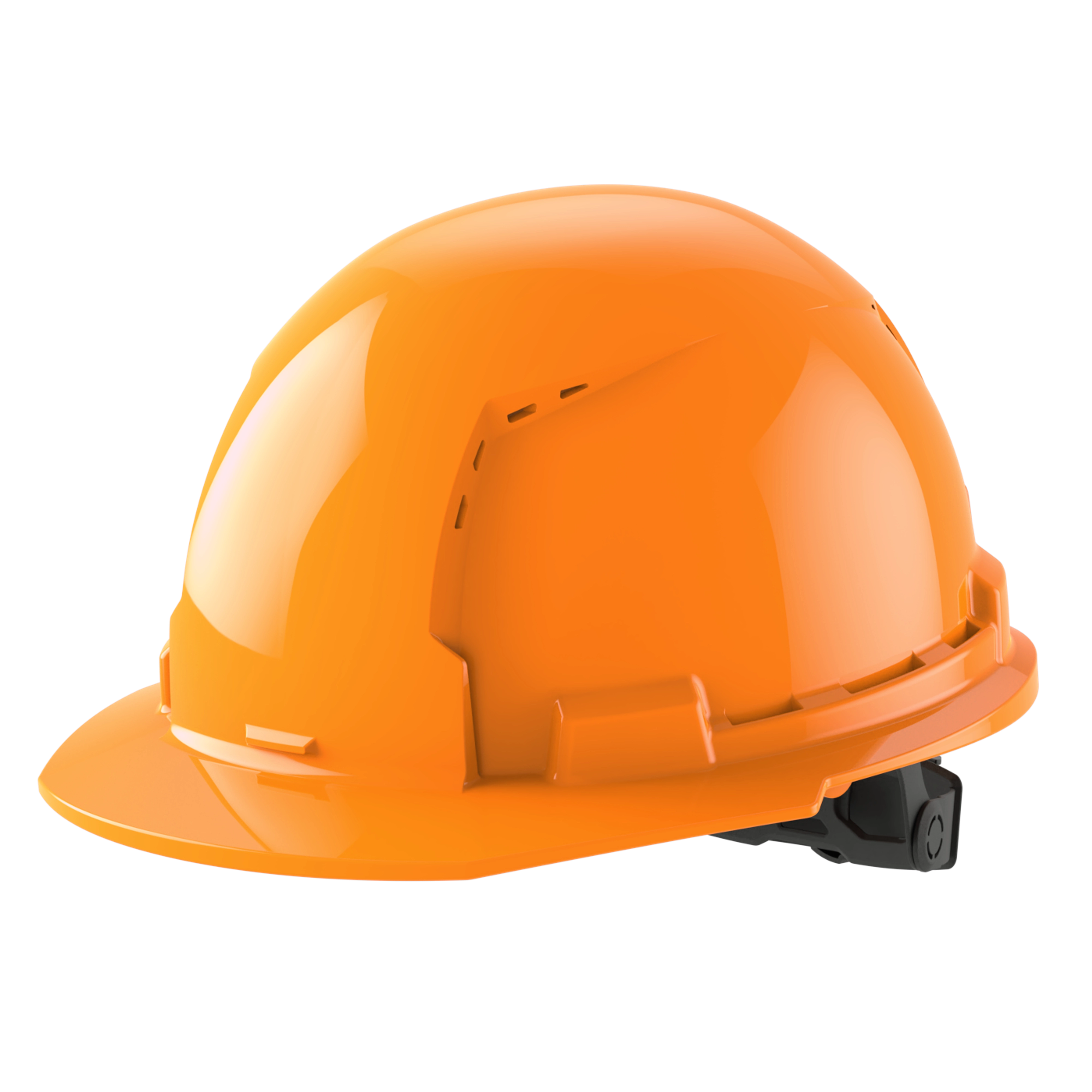 Bright orange construction hard hat with a brim and an adjustable strap.