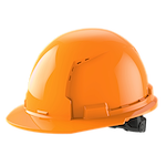 Bright orange construction hard hat with a brim and an adjustable strap.