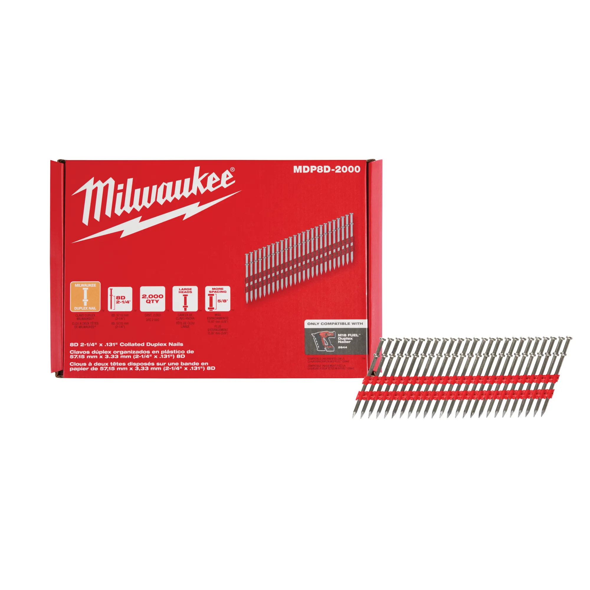 Image of the Milwaukee 8D 2-1/4" x .131" Collated Duplex Nails in its packaging