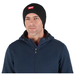 Image of a man wearing the Milwaukee Rib-Knit Cuffed Beanie in black