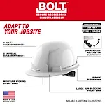 Image of a BOLT™ White Front Brim Hard Hat with features labeled. The hard hat includes 4 BOLT™ accessory slots, 2 universal accessory slots, a moisture-wicking sweatband, and a large sun-blocking front brim. It also has a quick-adjust ratcheting suspension and a 6-point suspension. The hard hat meets ANSI/ISEA Z89.1 and CSA Z94.1 standards and is Type 1, Class E. Text at the bottom states it is made in the USA with global materials.