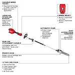 The image shows an M18 FUEL™ Pole Saw w/ QUIK-LOK™. Features include a variable speed trigger, large air intake and exhaust, 3 speed select, automatic oiler, easy access chain tensioner, QUIK-LOK™ attachment capability, branch hook, and a 10" bar and chain. Specifications for the chain include a narrow kerf bar, .043" gauge, 3/8" pitch, low profile, and 40 drive links.