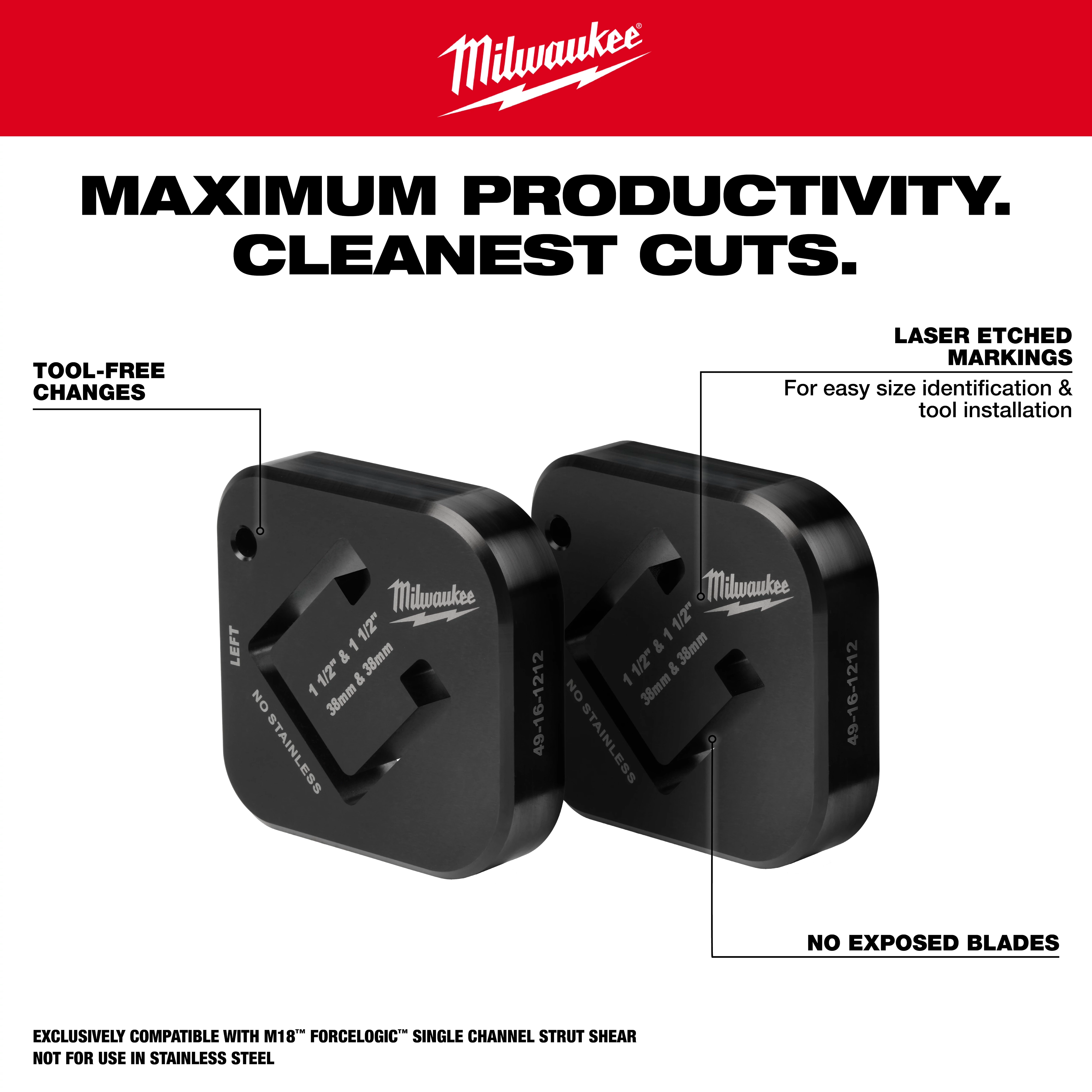 Milwaukee blade heads with laser-etched markings, tool-free changes, and no exposed blades for maximum productivity and cleanest cuts.