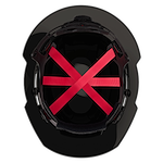 Interior of a black safety helmet with red straps and a black padding.