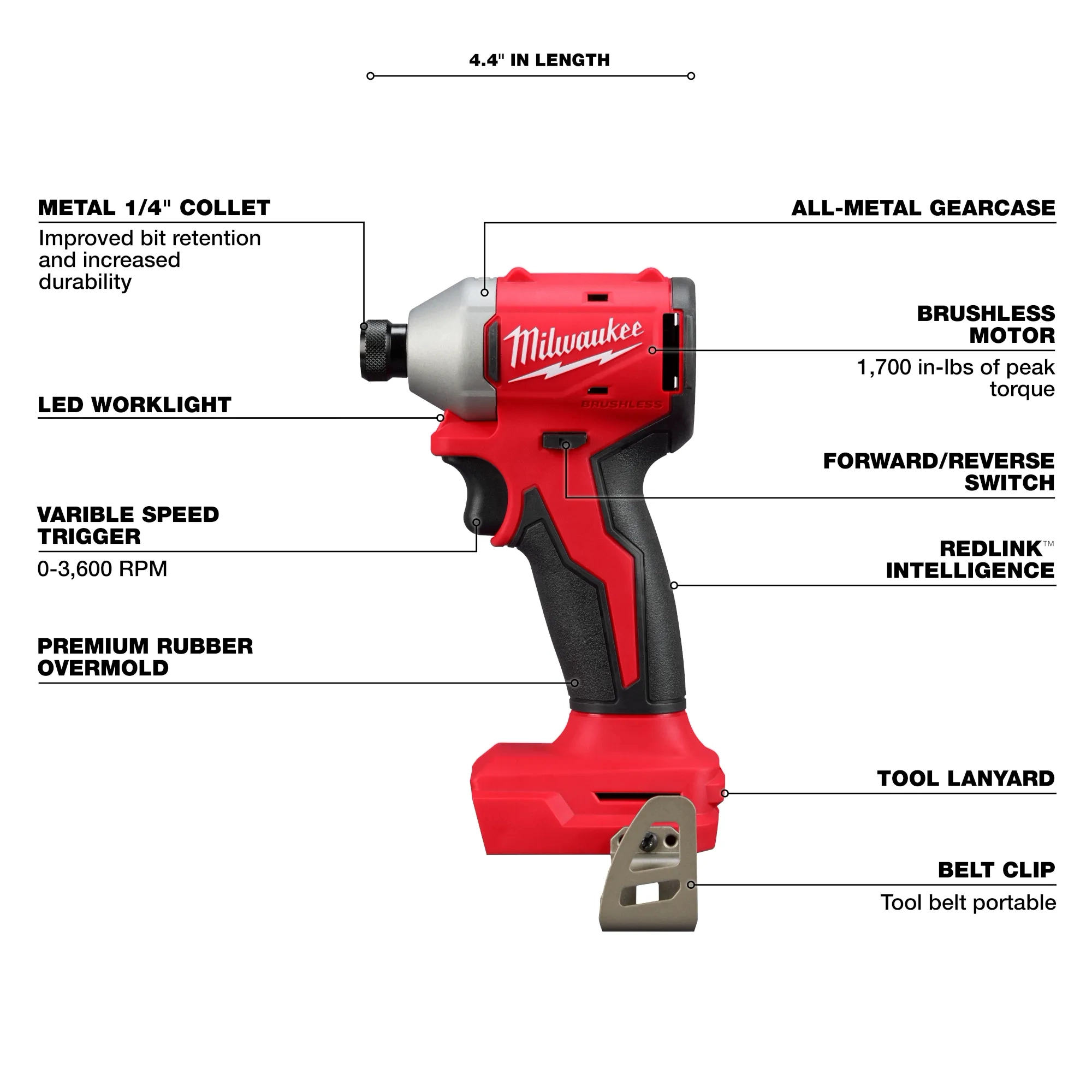 Compact Brushless 1/4" Hex Impact Driver is 4.4" in length