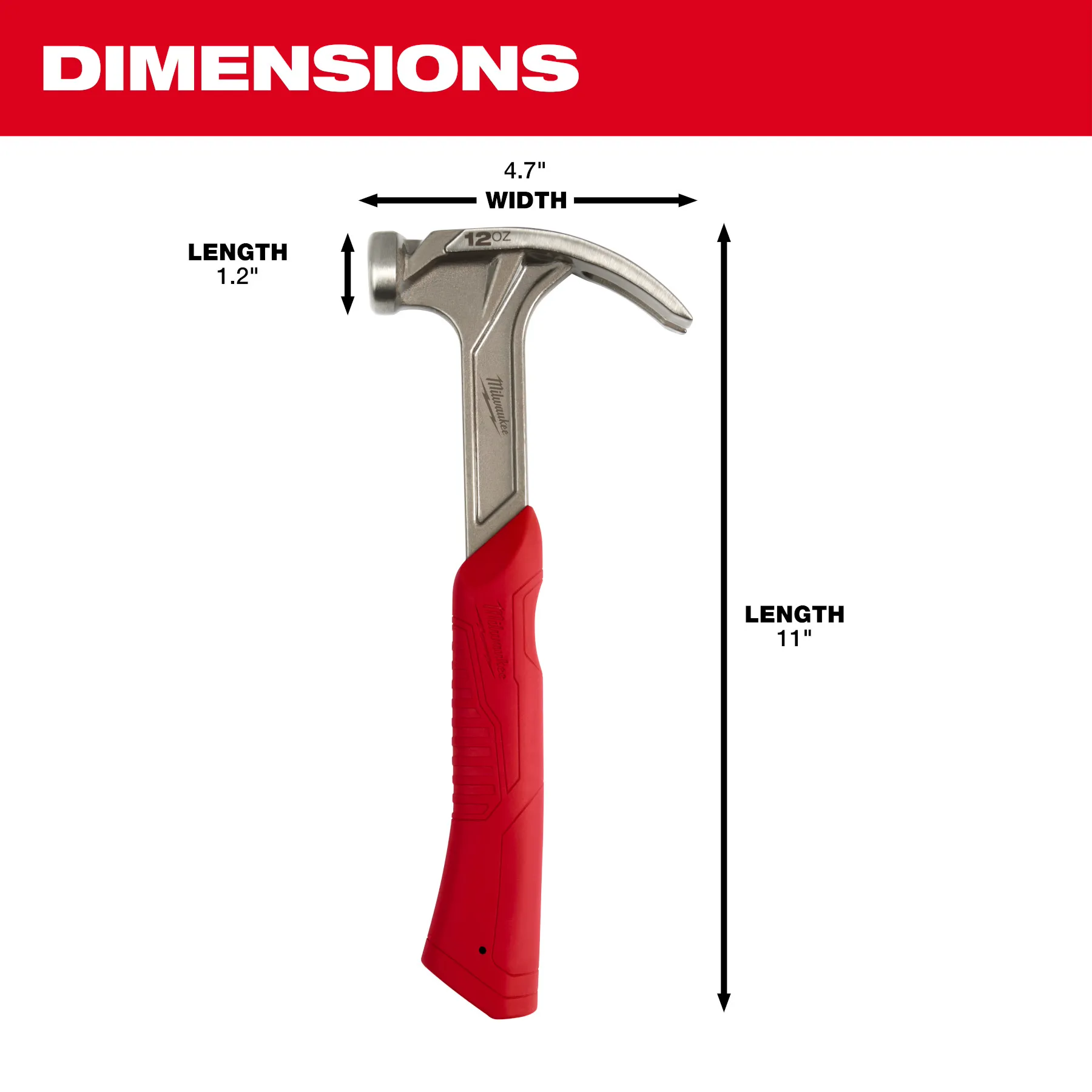 The smooth face is 1.2" in length, the head is 4.7" wide, and the Hammer is 11" in length