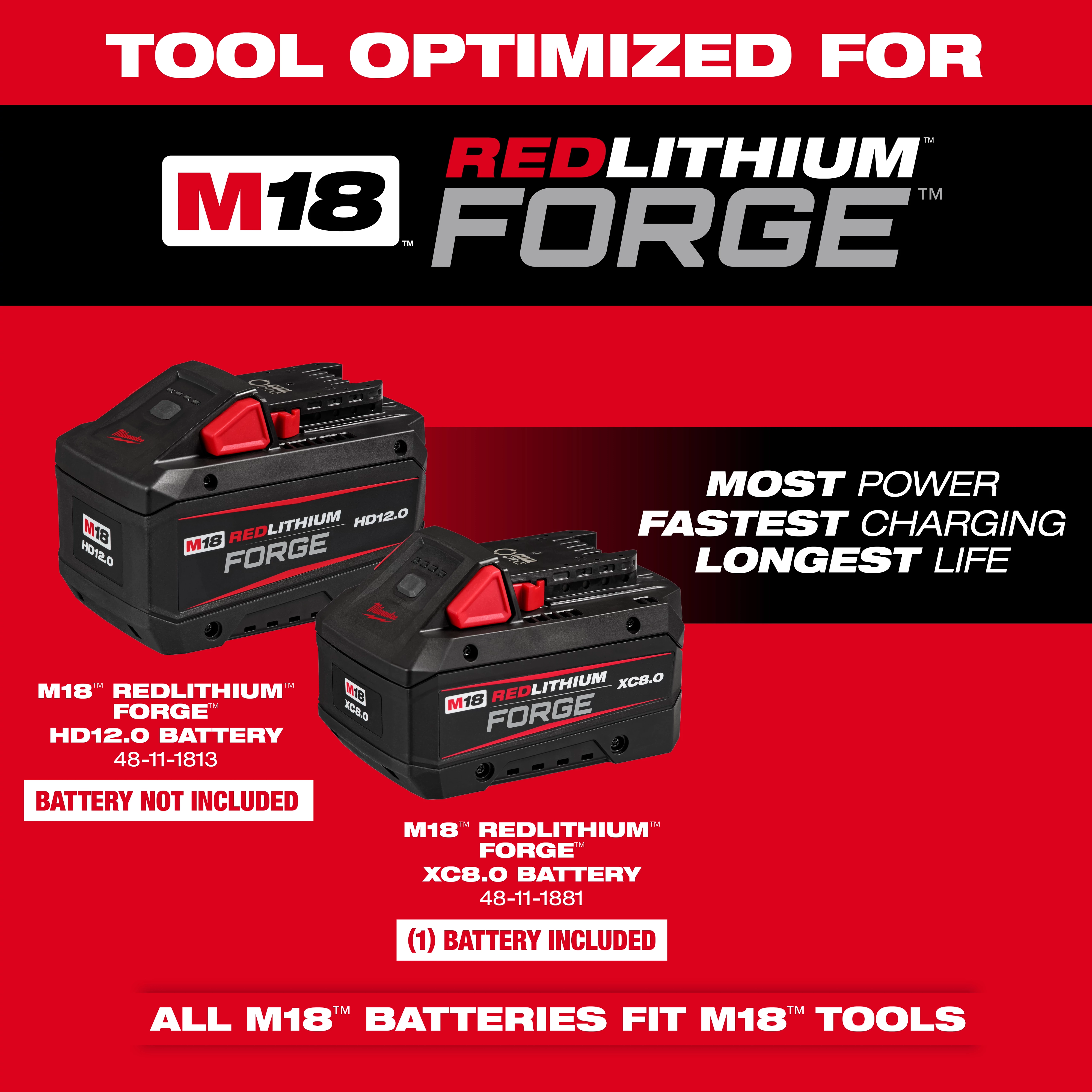 This image showcases the Outdoor Power Equipment FORGE Optimized For M18 REDLITHIUM batteries. It features the M18 HD12.0 and XC8.0 batteries, highlighting their most power, fastest charging, and longest life characteristics. Text at the bottom states that all M18 batteries fit M18 tools. The HD12.0 battery is shown with a note that it is not included, while the XC8.0 battery is shown with one included.