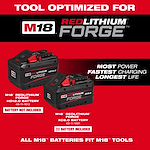 This image showcases the Outdoor Power Equipment FORGE Optimized For M18 REDLITHIUM batteries. It features the M18 HD12.0 and XC8.0 batteries, highlighting their most power, fastest charging, and longest life characteristics. Text at the bottom states that all M18 batteries fit M18 tools. The HD12.0 battery is shown with a note that it is not included, while the XC8.0 battery is shown with one included.