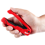 User holding the Milwaukee coax compression crimper