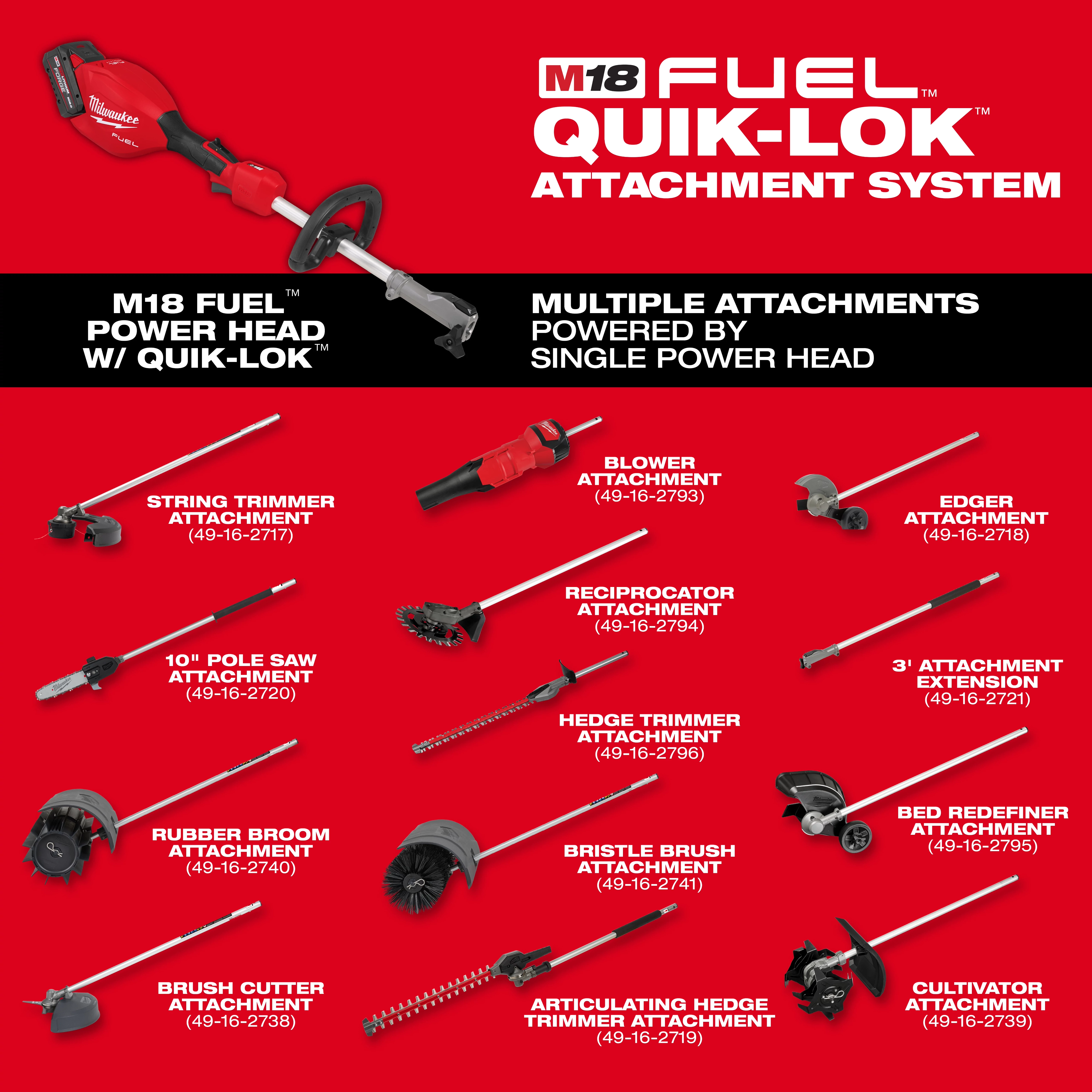 Image displaying the M18 FUEL™ Power Head w/ QUIK-LOK™ and its various attachments. The attachments include: string trimmer, blower, edger, 10" pole saw, reciprocator, hedge trimmer, 3' extension, rubber broom, bristle brush, bed redefiner, brush cutter, and articulating hedge trimmer, and cultivator. The text emphasizes that the multiple attachments are powered by a single M18 FUEL™ Power Head with the QUIK-LOK™ system.