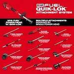 Image displaying the M18 FUEL™ Power Head w/ QUIK-LOK™ and its various attachments. The attachments include: string trimmer, blower, edger, 10" pole saw, reciprocator, hedge trimmer, 3' extension, rubber broom, bristle brush, bed redefiner, brush cutter, and articulating hedge trimmer, and cultivator. The text emphasizes that the multiple attachments are powered by a single M18 FUEL™ Power Head with the QUIK-LOK™ system.