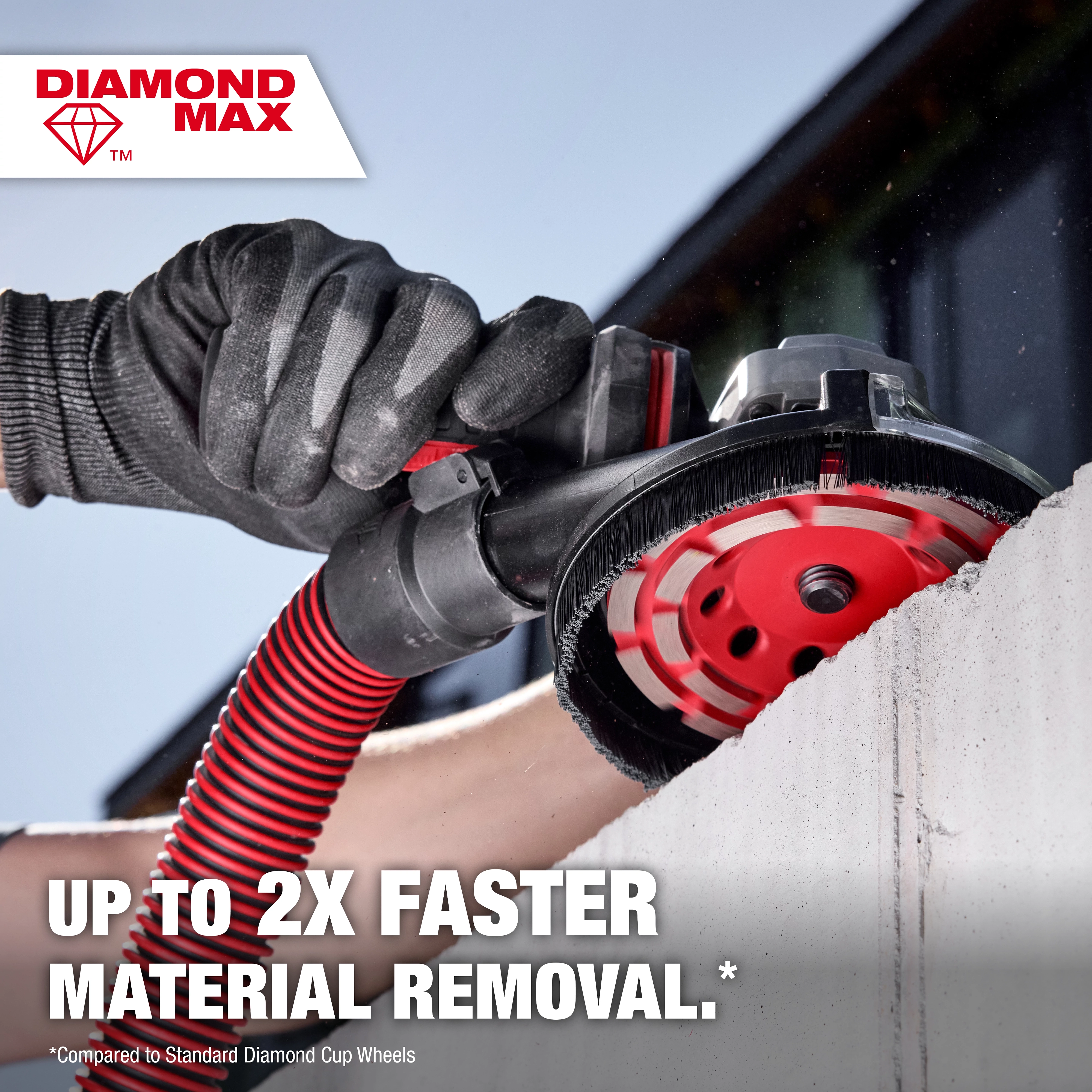 A person using a power tool on a concrete surface with a DIAMOND MAX™ Double Row Diamond Cup Wheel attached. The text "UP TO 2X FASTER MATERIAL REMOVAL" is displayed at the bottom. The DIAMOND MAX™ logo is in the top left corner.