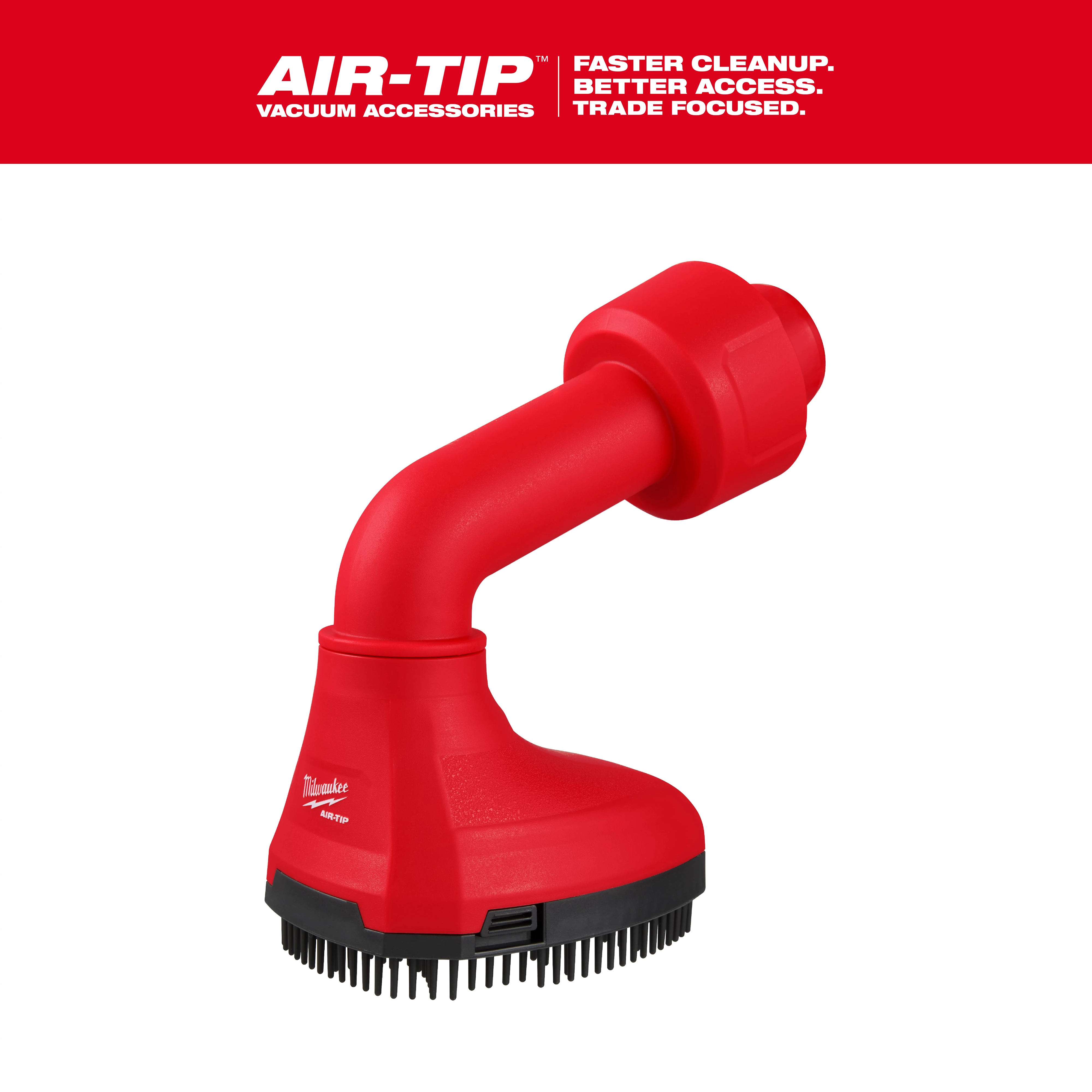 The AIR-TIP™ Swiveling Palm Brush is a red vacuum accessory with bristles at the bottom, designed for enhanced cleaning efficiency. The image shows the brush against a white background with a red banner at the top, including the AIR-TIP™ branding and slogan.