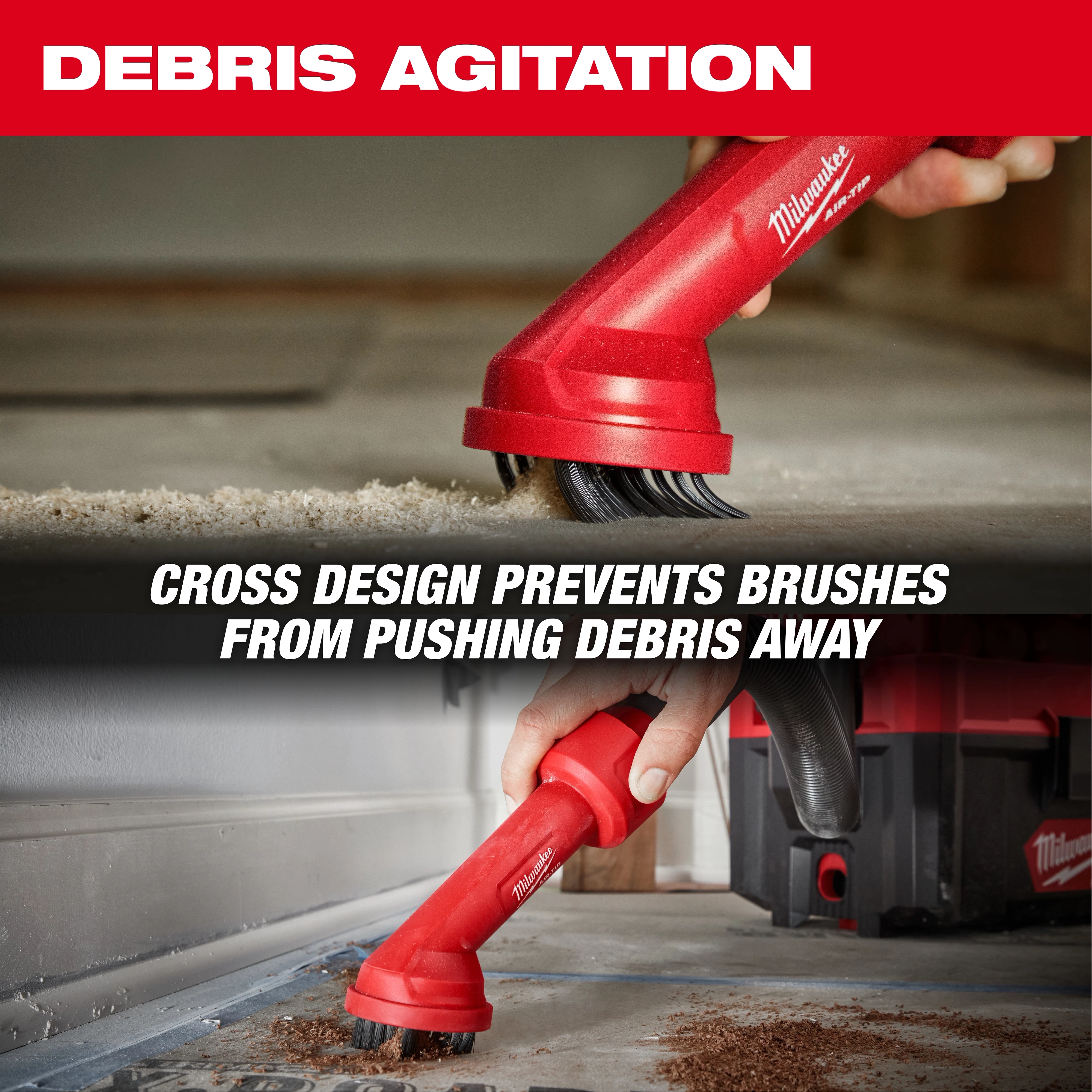 The image features the AIR-TIP™ Cross Brush Tool. The top section shows a close-up of the tool, and the bottom section illustrates its usage in cleaning debris from the floor. Text reads "Debris Agitation" and "Cross design prevents brushes from pushing debris away."