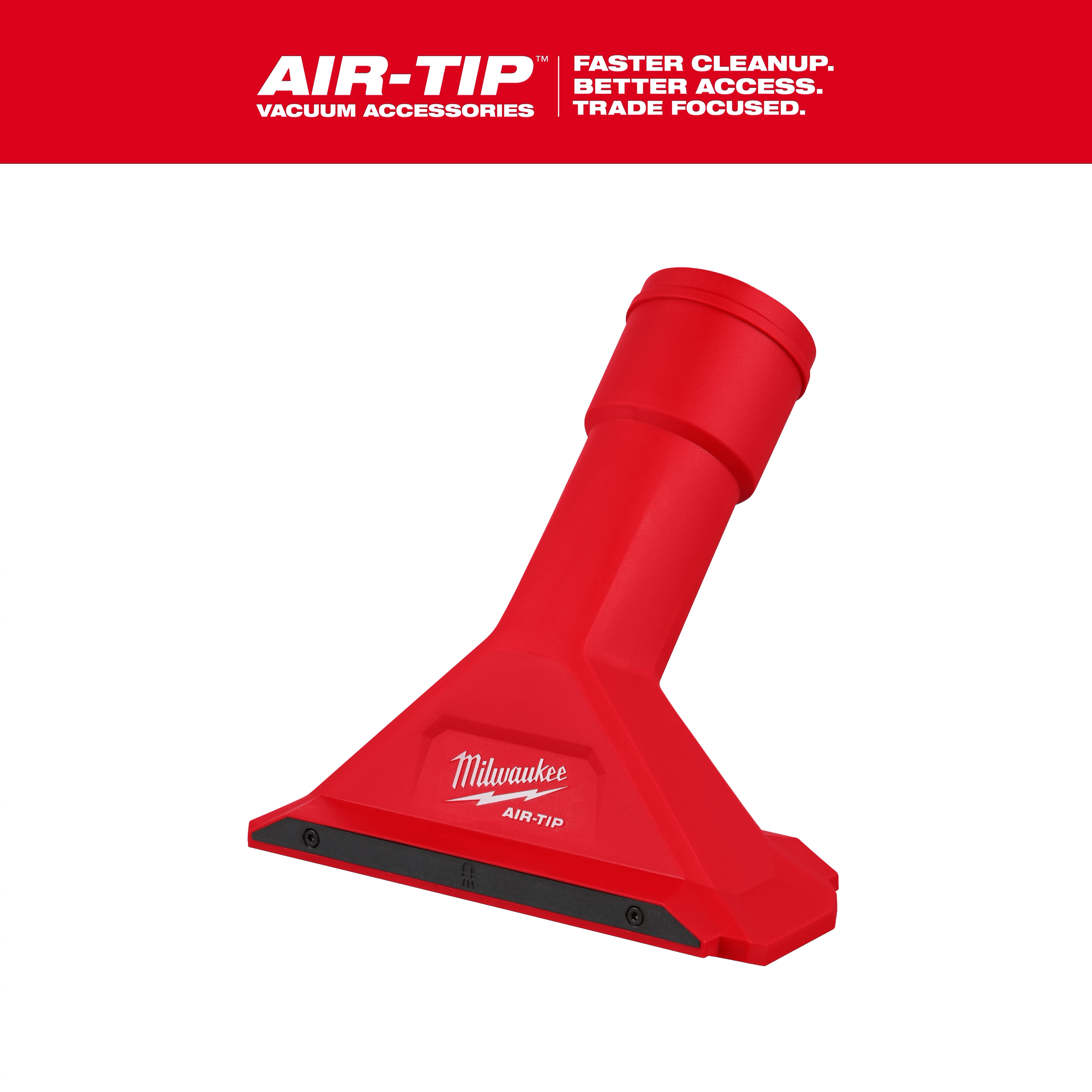 Image of the AIR-TIP™ 2 1/2" Magnetic Utility Nozzle. The nozzle, colored red with the Milwaukee logo, is designed for vacuum accessories and promotes faster cleanup and better access. It is angled with a wide, flat opening. The background has the AIR-TIP™ branding.