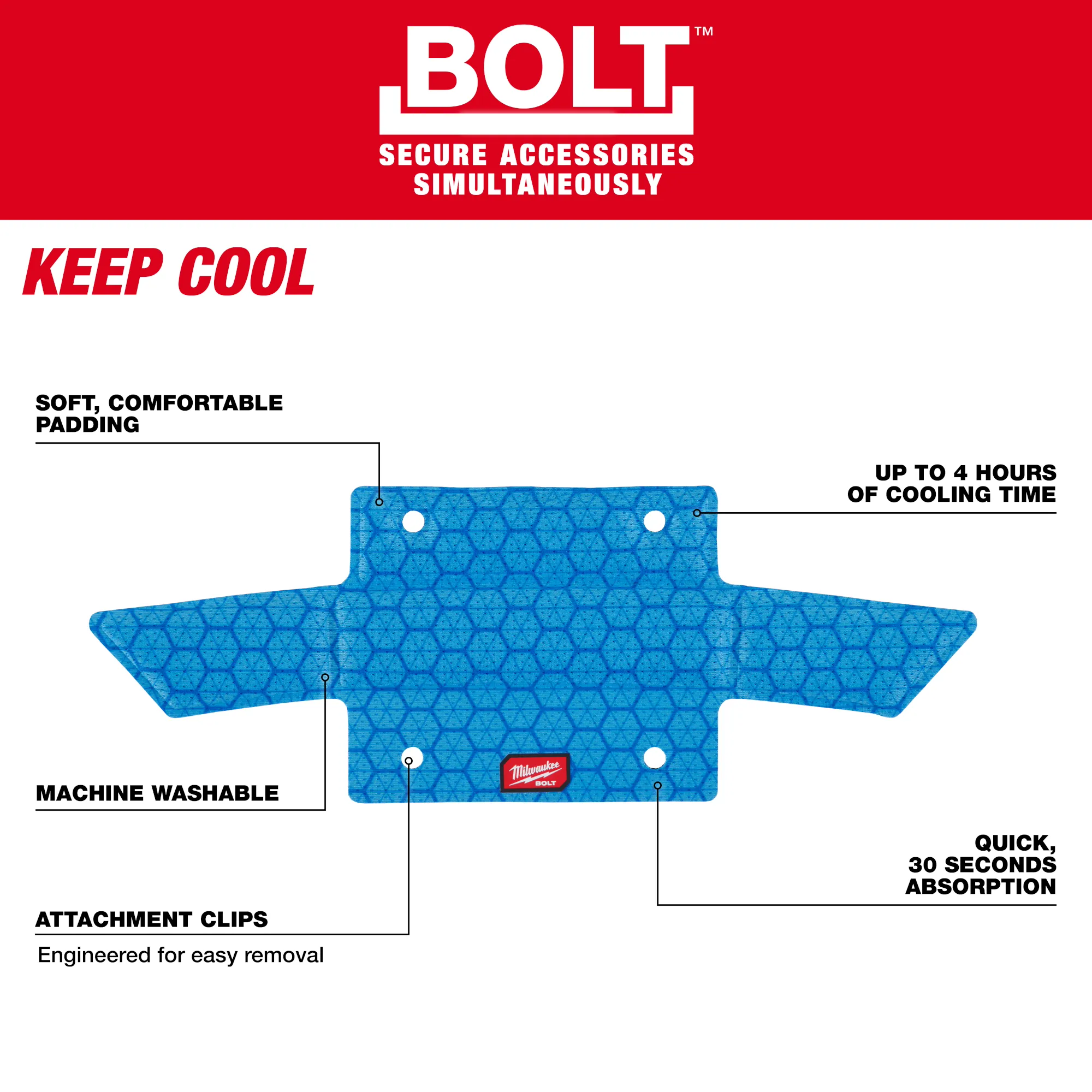 Walkaround image of the Milwaukee BOLT Hard Hat Cooling Sweat Band highlighting its USPs