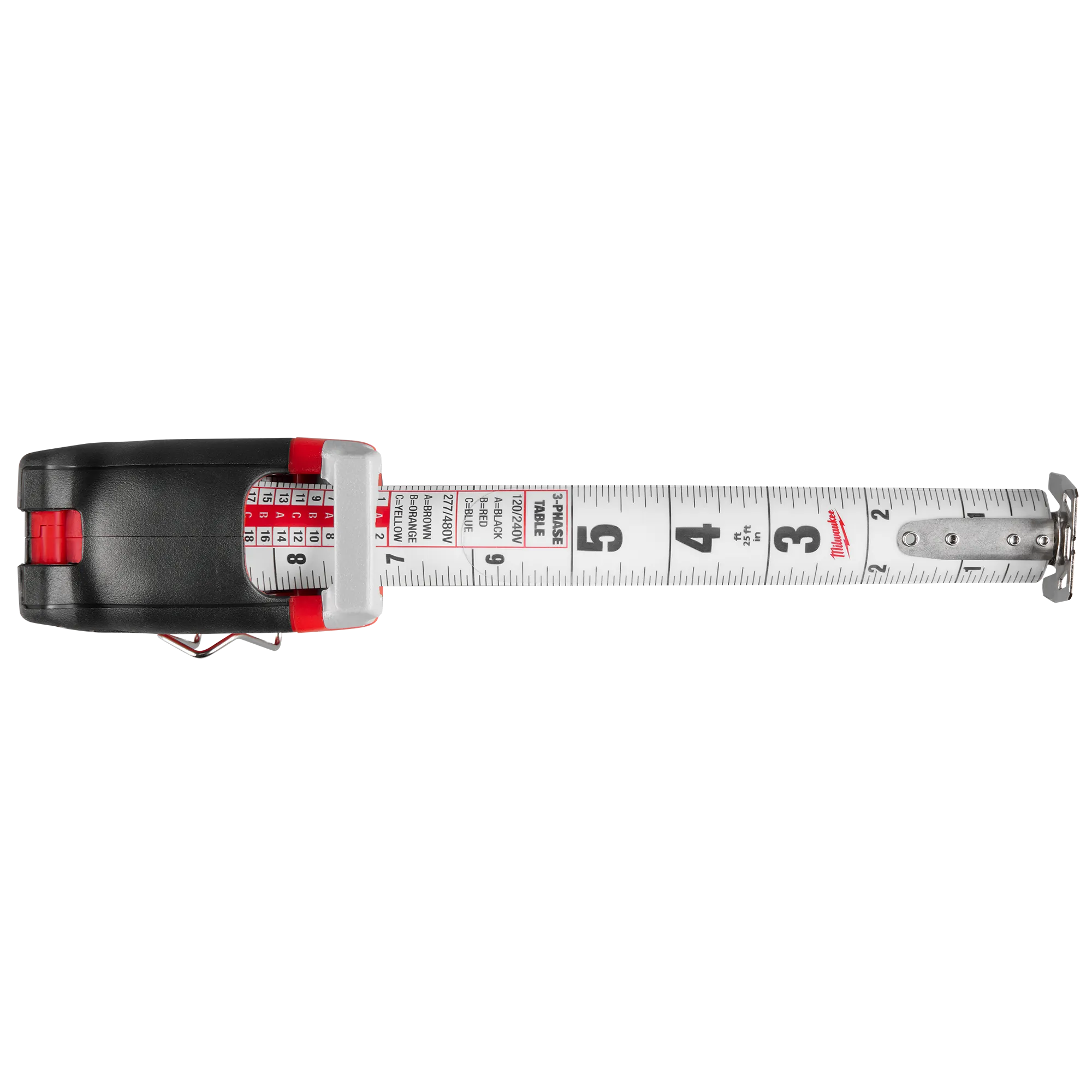 Aerial view of the Milwaukee 25ft Electrician's Compact Wide Blade Magnetic Tape Measure with the blade open