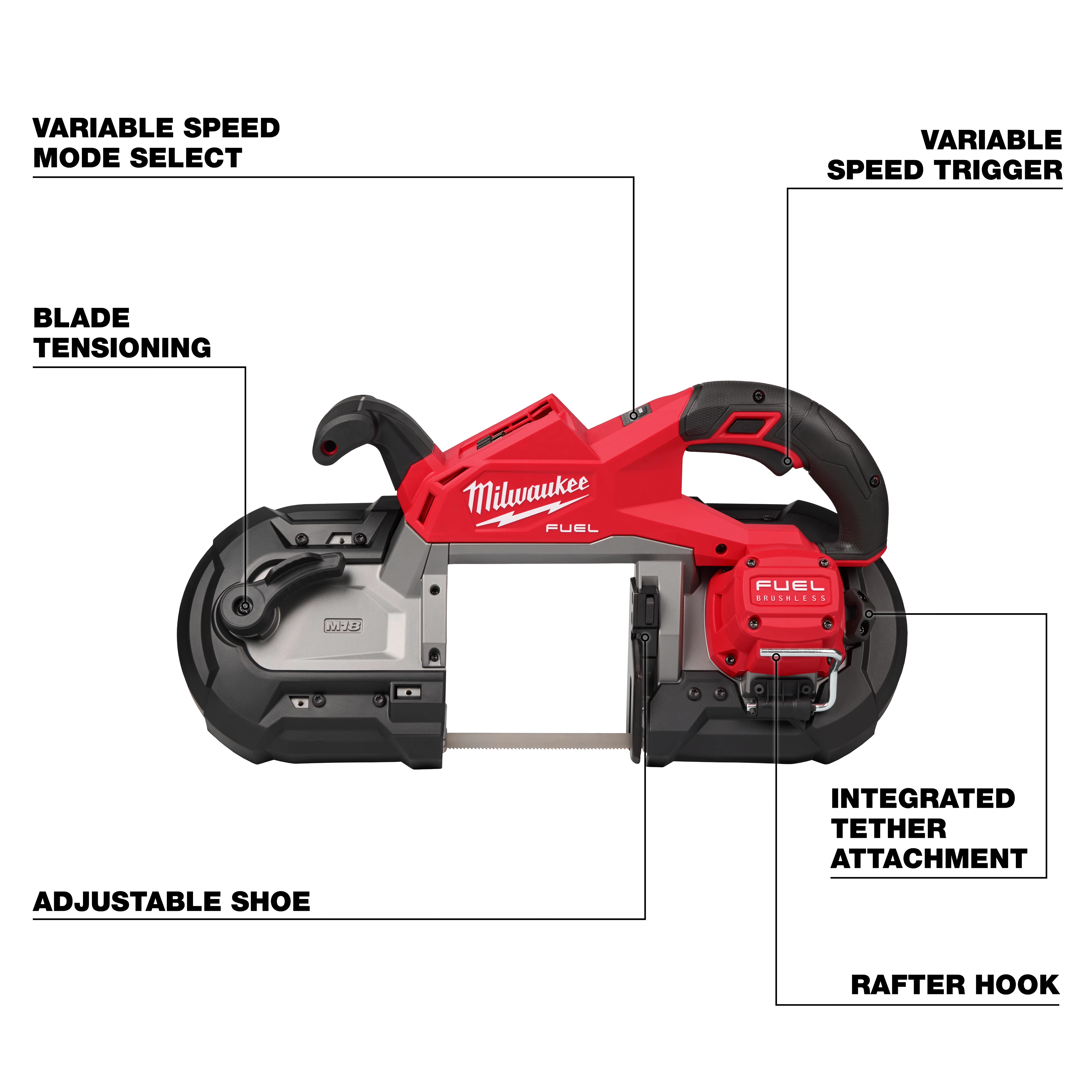 M18 FUEL Deep Cut Dual Trigger Band Saw w/ ONE-KEY with labeled features: variable speed, blade tensioning, adjustable shoe, tether attachment, rafter hook.