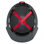 Interior view of a safety helmet with red adjustable straps.