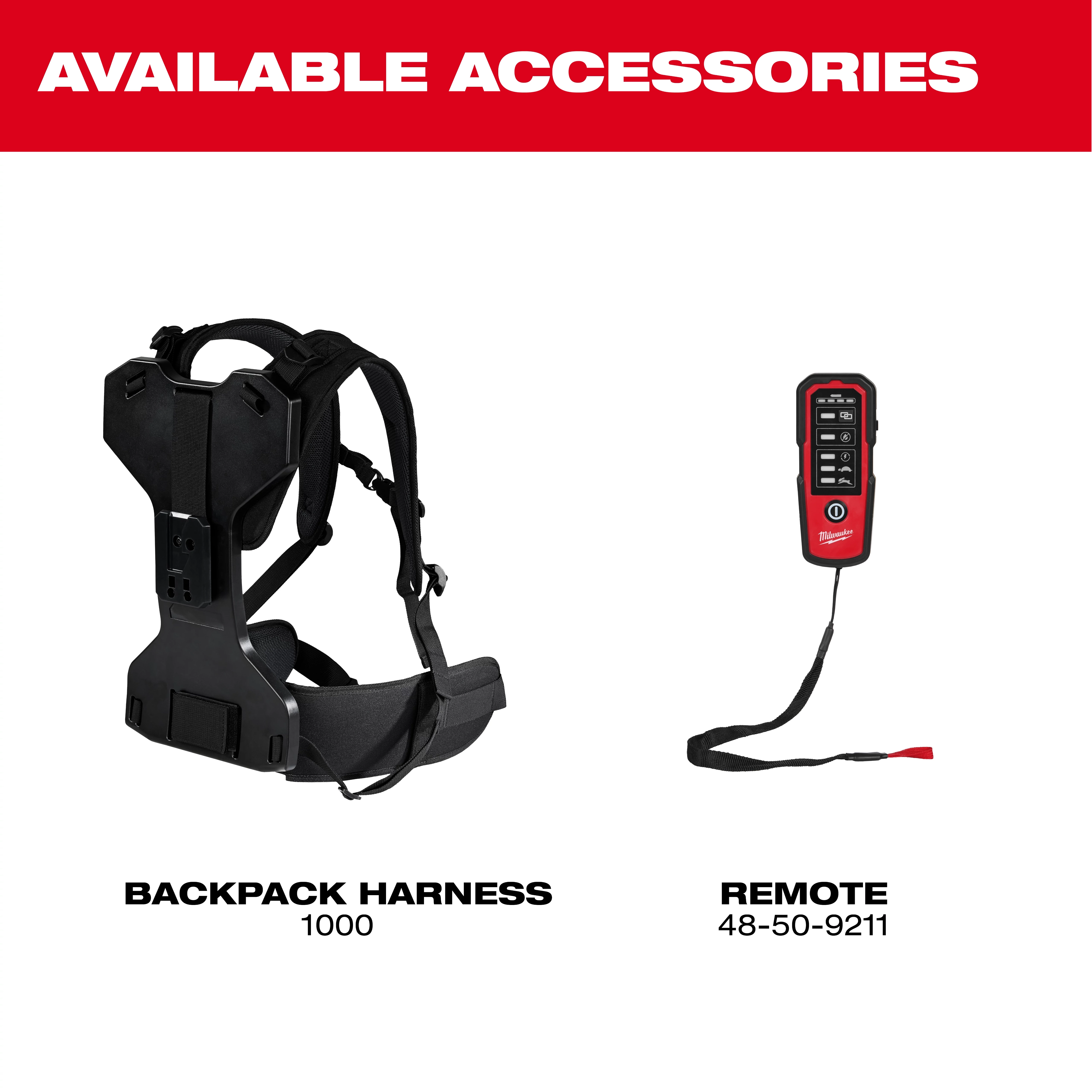 Image of two available accessories for the MX FUEL™ Portable Pump Power Base. On the left is a Backpack Harness (model 1000), and on the right is a Remote (model 48-50-9211). The background is white with "AVAILABLE ACCESSORIES" written in bold red at the top.