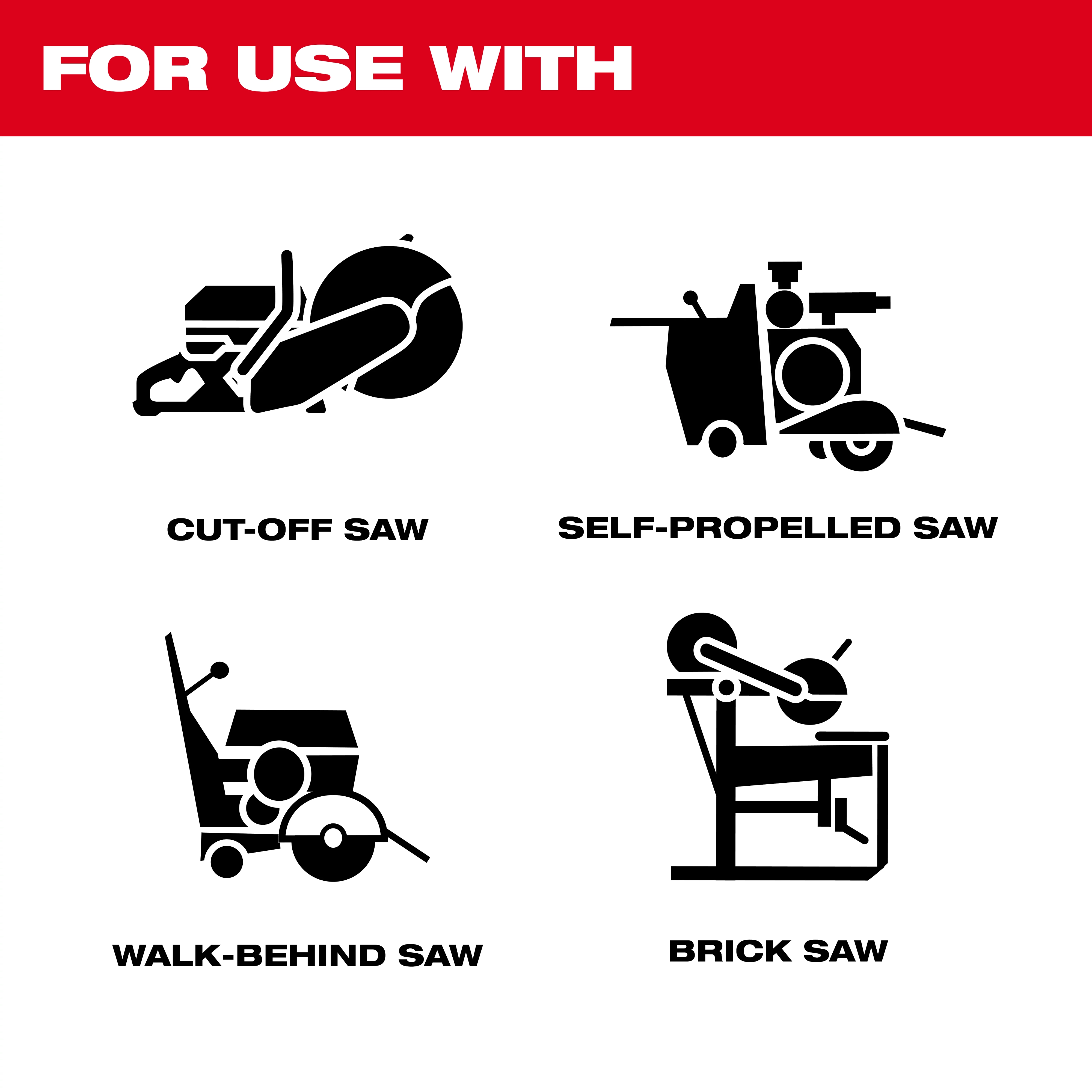 The image shows silhouettes of four types of saws that can be used with the Asphalt & Green Concrete Segmented Diamond Blade. The saws are labeled as Cut-Off Saw, Self-Propelled Saw, Walk-Behind Saw, and Brick Saw. The background is white with a red banner at the top saying "FOR USE WITH."