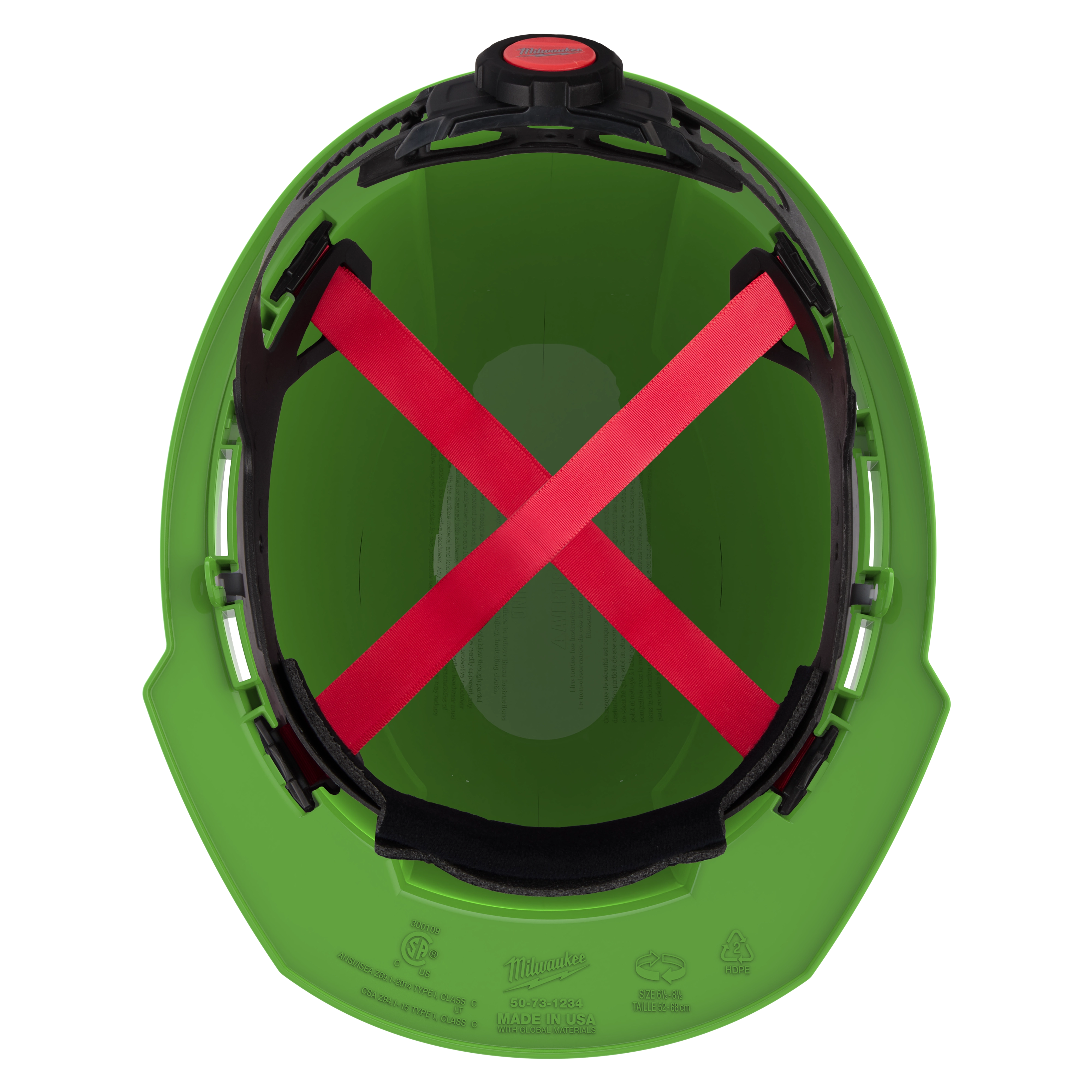 Inside view of a green hard hat with red adjustable straps and black padding.