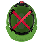 Inside view of a green hard hat with red adjustable straps and black padding.